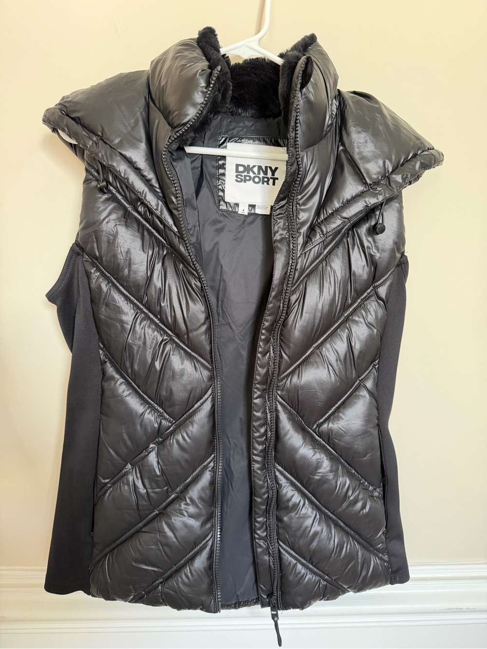 DKNY Quilted Black Puffer Vest with High Funnel Neck